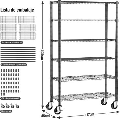 MXLENOBLE Estante de 5 repisas, Estantería de Almacenamiento Ajustable de estantes, Resistente en Ruedas de 4 Pulgadas, Estante Organizador de Metal, Cromado (IC085-B)