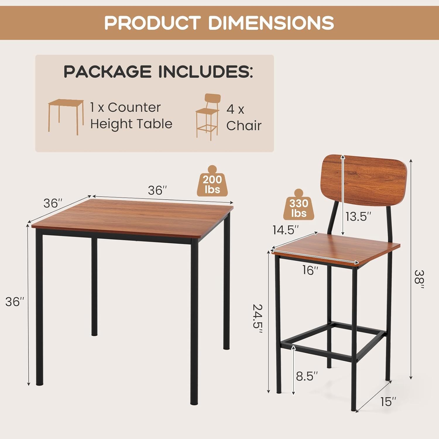 Juego de mesa de comedor de 5 piezas con mesa de altura y 4 taburetes de bar, juego de comedor industrial de cocina con reposapiés y respaldo, juego de comedor que ahorra espacio para pub,