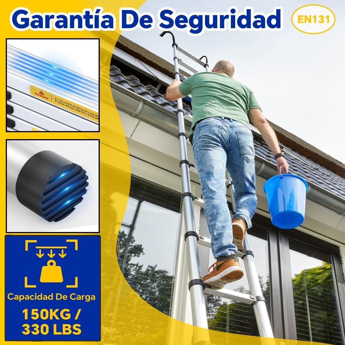 Escalera Telescópica De 6.2 Metros Escalera De Aluminio Segura Y Protegida Antideslizante Multiusos Escalera Extensible 20.5 Pies, 330 Libras Capacidad