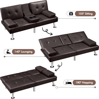 Yaheetech - Sofá cama convertible ajustable, moderno sillón reclinable, piel sintética, plegable, cama de invitados, reposabrazos extraíbles, portavasos 3 ángulos, capacidad de 317 kg, blanco