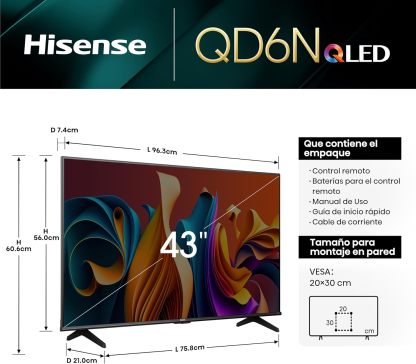 Hisense Pantalla QLED de 43" 43QD6N Google TV Works with Alexa 2024