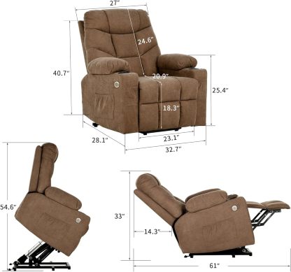 YITAHOME Silla reclinable con elevación eléctrica para Ancianos, Silla reclinable de Tela con Masaje y Calor, Asiento Espacioso, Puertos USB, portavasos, Bolsillos Laterales, Control Remoto (café)