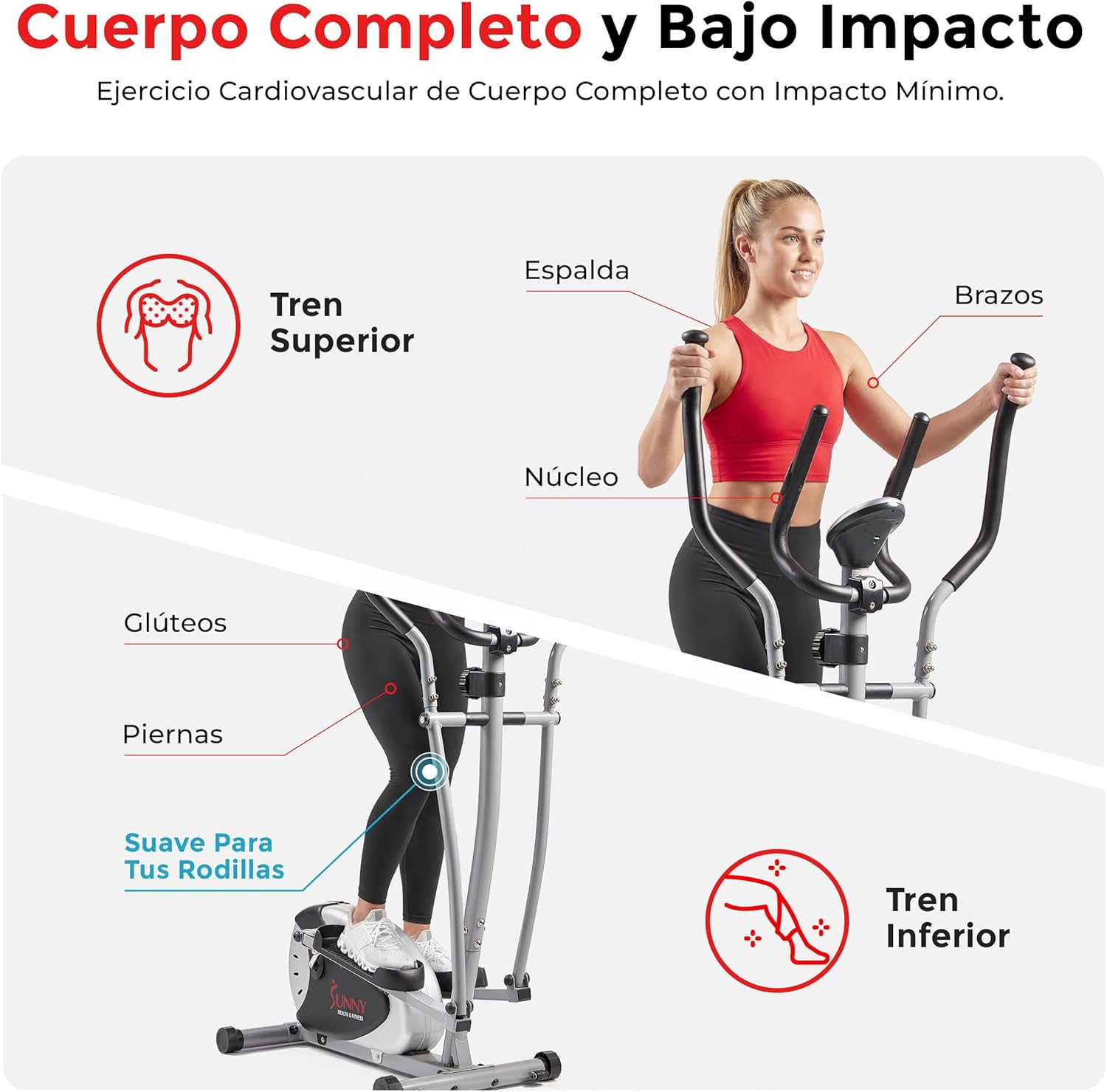 Sunny Health & Fitness Máquina Elíptica para el Hogar, Entrenador Cruzado de Cuerpo Completo con Resistencia Magnética Silenciosa, Cardio de Bajo Impacto, Bluetooth SunnyFit App Opcional