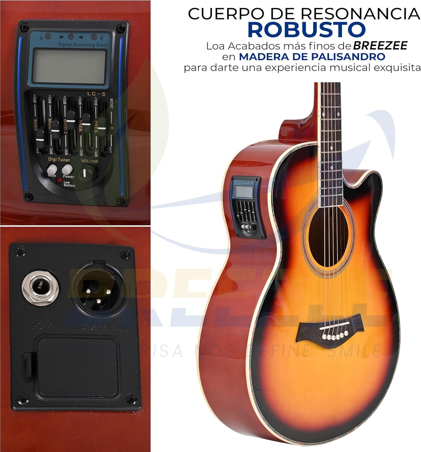 BREEZEE Guitarra Electroacústica de 40” Diseñada sobre Abeto, Merbau, Okume y Palisandro. Acabado de Barniz en Pulverización, Incluye Set de Accesorios Completo para Principiante
