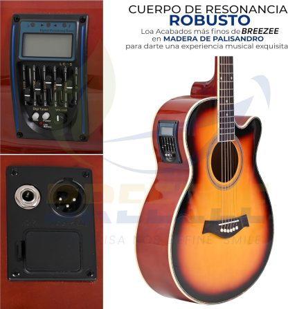 BREEZEE Guitarra Electroacústica de 40” Diseñada sobre Abeto, Merbau, Okume y Palisandro. Acabado de Barniz en Pulverización, Incluye Set de Accesorios Completo para Principiante