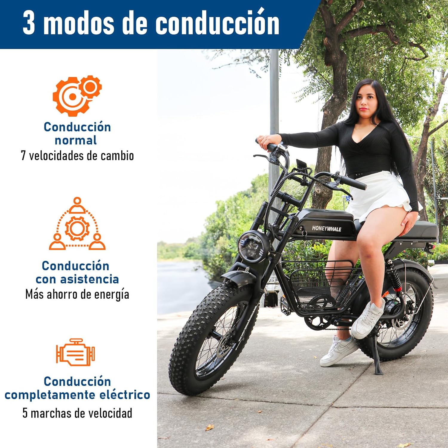 HONEYWHALE K7 Bicicleta Electrica para Adultos, Moto Bicicleta de Montaña de 7 Velocidades, Potencia del motor 1080 W, Velocidad Máxima 48KM/H, Batería (48V, 15AH), Autonomía 40-45KM