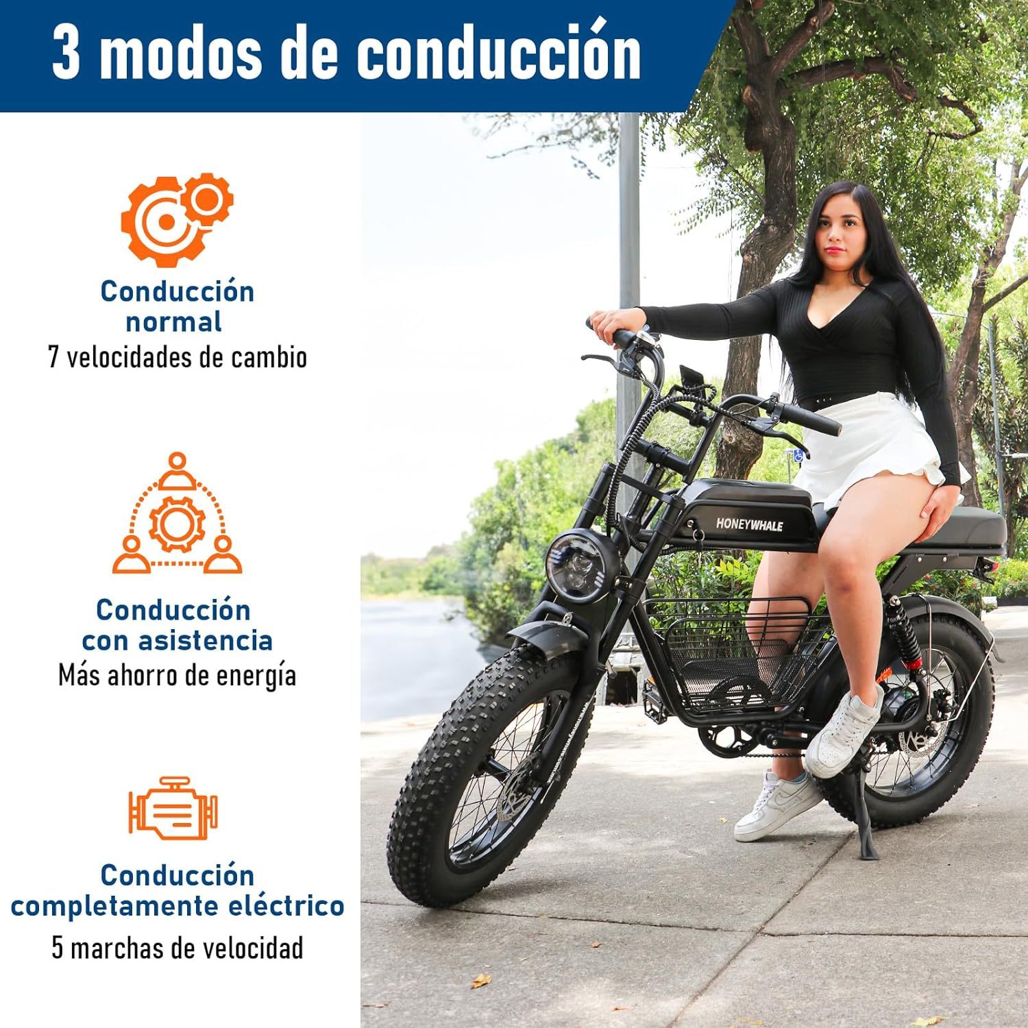 HONEYWHALE K7 Bicicleta Electrica para Adultos, Moto Bicicleta de Montaña de 7 Velocidades, Potencia del motor 1080 W, Velocidad Máxima 48KM/H, Batería (48V, 15AH), Autonomía 40-45KM