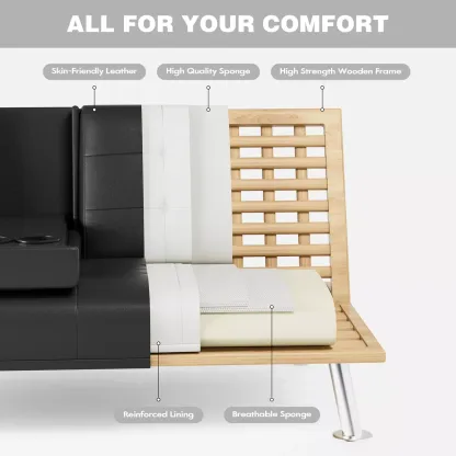Sofá cama futón plegable portavasos de piel sintética marrón 