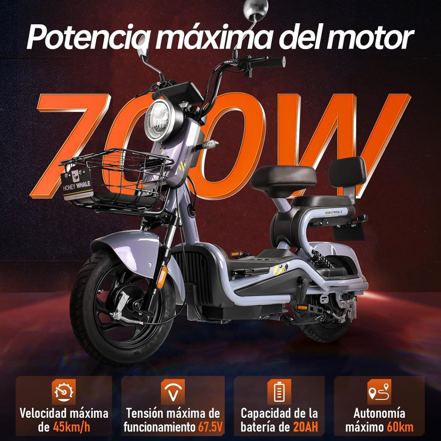HONEYWHALE KC-Cool Bicicleta Electrica para Adultos, Bicimoto Eléctrica con Alarma, Máxima del Motor 700W, Velocidad Máxima 45KM/H, Autonomía 55-60KM, Baterías de Gran Capacidad 20AH