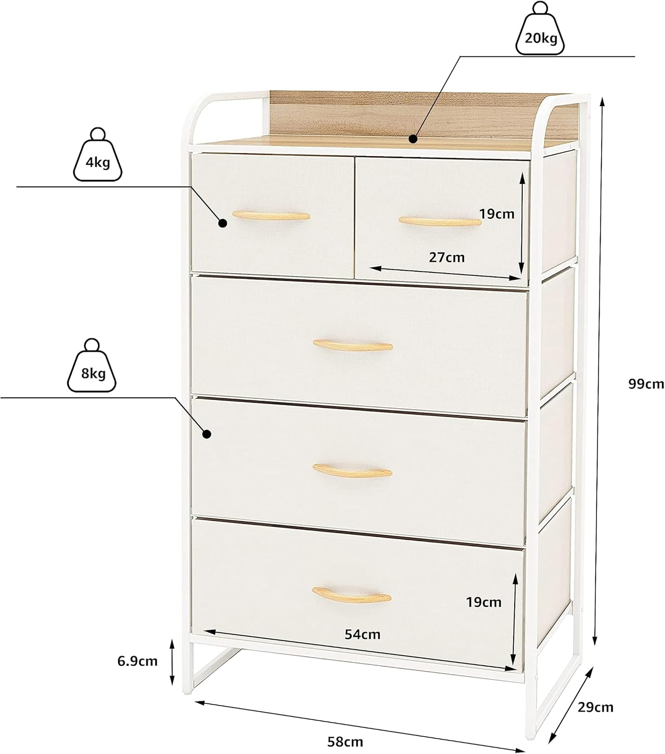 MU:4LIFE Cómoda De 5 Cajones Almacenamiento para Hogar Y Oficina, Organizador Cajonera De Estructura Metal y Cajones De Tela Lino Poliéster y Tela No Tejida (Gris Claro)