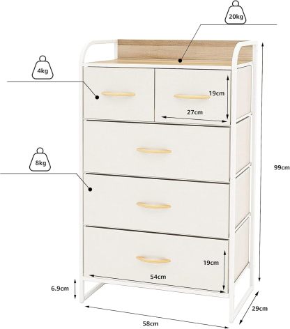 MU:4LIFE Cómoda De 5 Cajones Almacenamiento para Hogar Y Oficina, Organizador Cajonera De Estructura Metal y Cajones De Tela Lino Poliéster y Tela No Tejida (Gris Claro)
