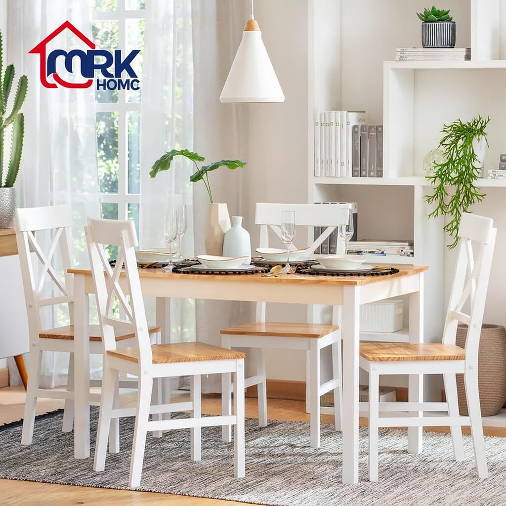 Mesa De Comedor Blanco con 4 Sillas, Madera De Pino, Resistente, Interiores Y Exteriores