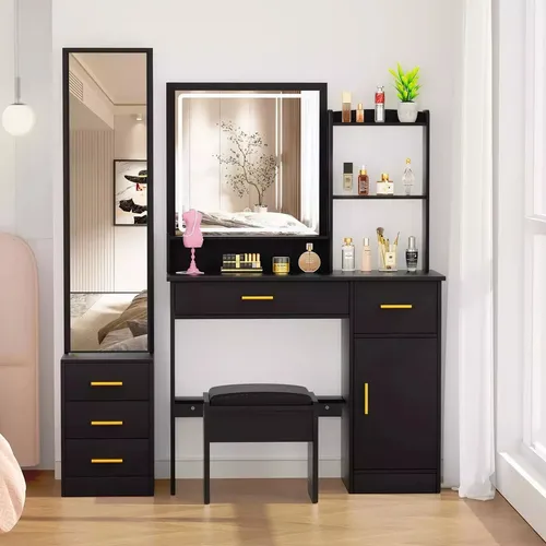 Tocador De Dormitorio Con Luces Led Y Dos Espejos Con Banco