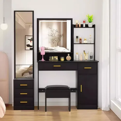 Tocador De Dormitorio Con Luces Led Y Dos Espejos Con Banco