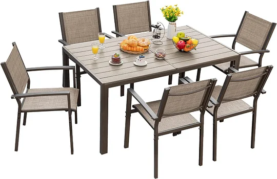 Juego de comedor para patio, 7 piezas, marco de metal, muebles de exterior con 6 sillas de textileno y mesa rectangular, juego de conversación de cocina familiar para patio trasero, césped, terraza (café)