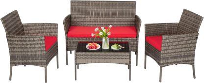 FDW - Juego de 4 muebles para exteriores, juego de conversación de mimbre con silla de ratán, mesa de centro para exteriores, interiores, jardín, patio, porche, terraza, balcón, cojines de mimbre