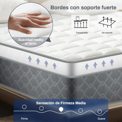 Colchón de Muelles con Espuma Texturizada,Altura 35cm,Colchón Híbrido,Espumas de Alta Calidad para un Mejor Descanso,Soporte y Alivio de Presión (Gris, Queen)