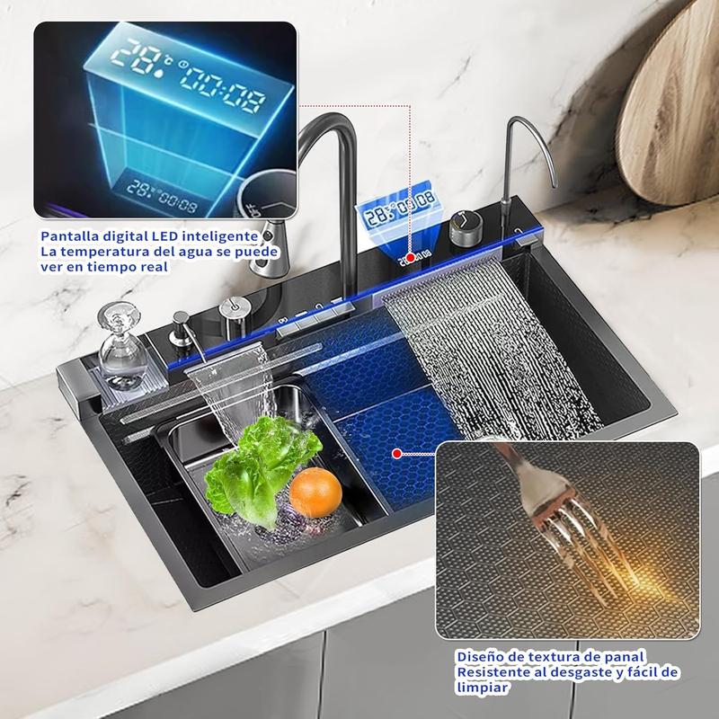 Fregadero de cocina multifuncional,tarjas para cocina acero inoxidable de 75x46 cm con pantalla digital,dispensador de jabón,tabla de cortar de doble cara fregadero de lujo con varios accesorios