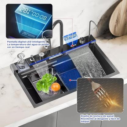 Fregadero de cocina multifuncional,tarjas para cocina acero inoxidable de 75x46 cm con pantalla digital,dispensador de jabón,tabla de cortar de doble cara fregadero de lujo con varios accesorios
