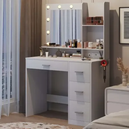 Tocador con luces y espejo, mesa de maquillaje con cajón y toma de corriente