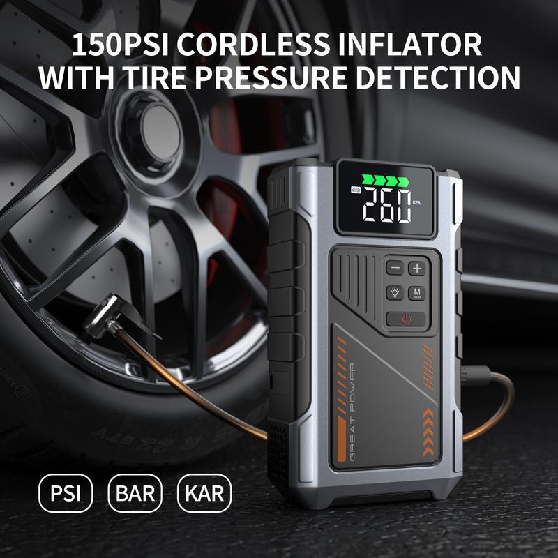Arrancador de batería portátil para coche con compresor de aire, pico de 5000 A (para motores de gasolina de hasta 8.0 L y diésel de hasta 6.5 L), inflador de neumáticos de 150 PSI, batería de 15000 mAh y luz LED. Modelo W100.
