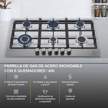 AVERA Parrilla de Gas 6 Quemadores 86cm, Acero Inoxidable Color Negro, Empotrable, Soportes de Hierro Fundido, Encendido Electronico, Estufa Empotrable, Compatible con Gas LP y Gas Natural, AI6N