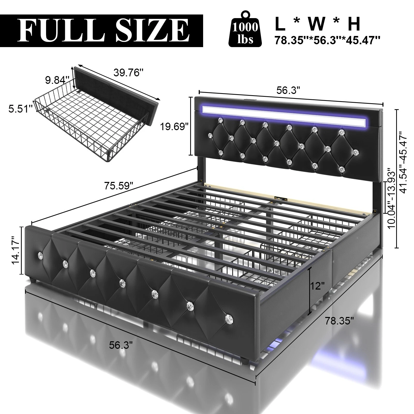 Marco de cama con plataforma tapizada en cuero de tamaño completo con luces LED y 4 cajones