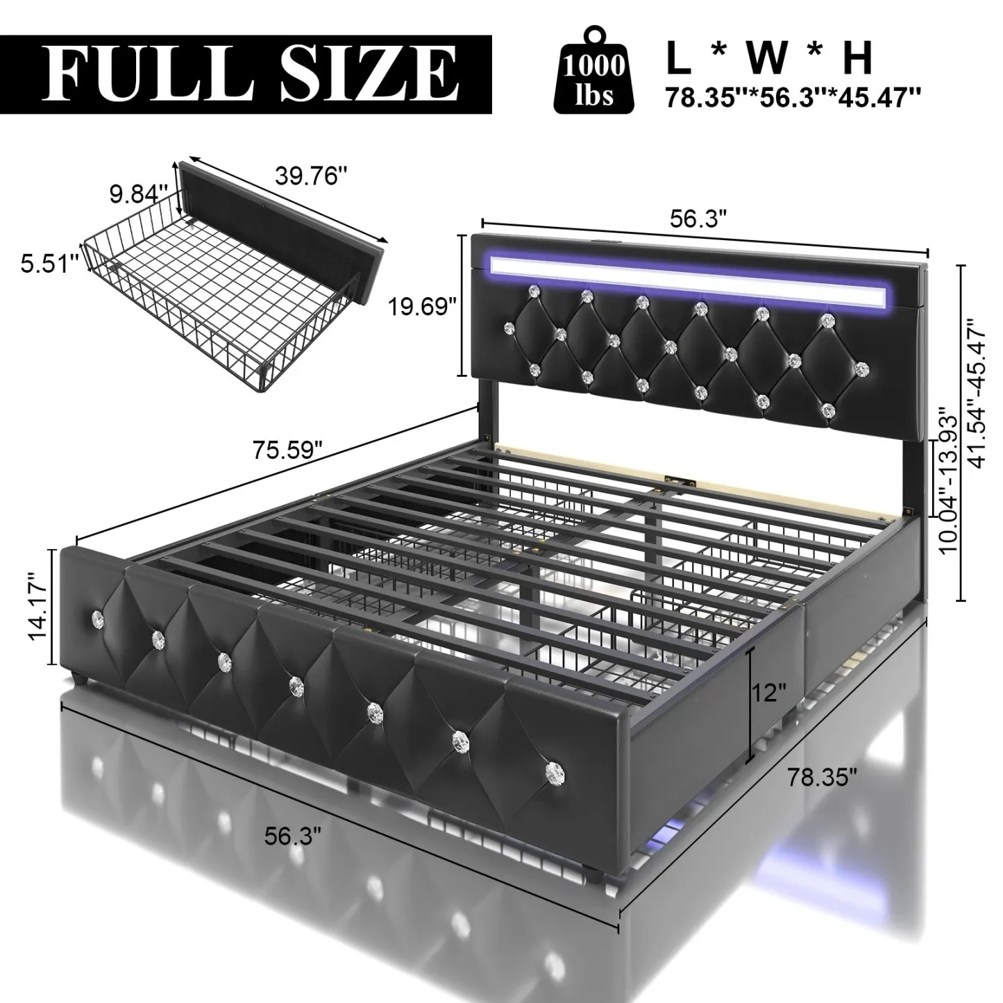 Marco de cama con plataforma tapizada en cuero de tamaño completo con luces LED y 4 cajones
