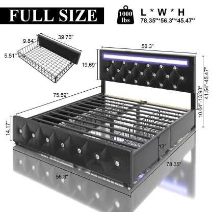 Marco de cama con plataforma tapizada en cuero de tamaño completo con luces LED y 4 cajones