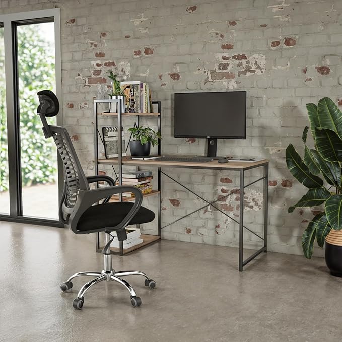 Escritorio para Computadora, Diseño Minimalista Moderno, Ideal para Oficina, Home Office, Estructura Resistente de Metal, con Repisas, Color Café