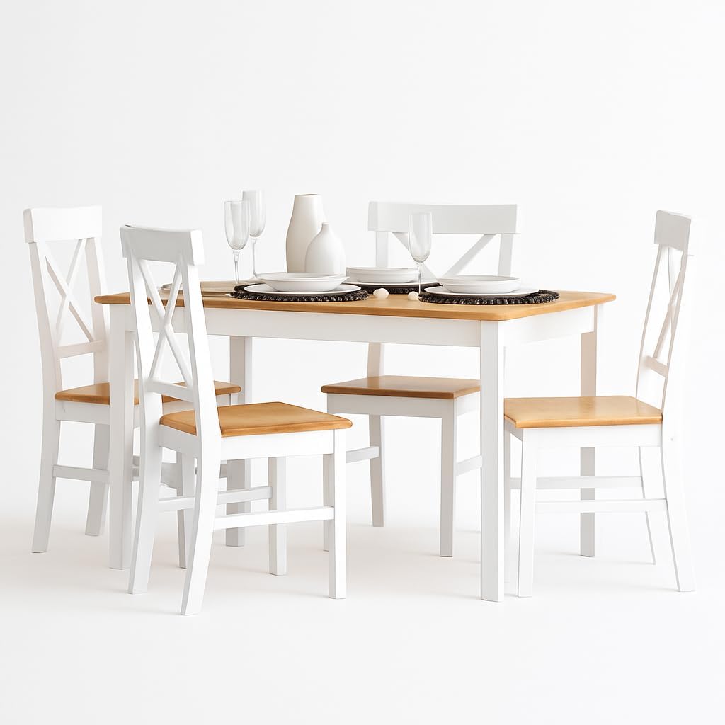 Mesa De Comedor Blanco con 4 Sillas, Madera De Pino, Resistente, Interiores Y Exteriores