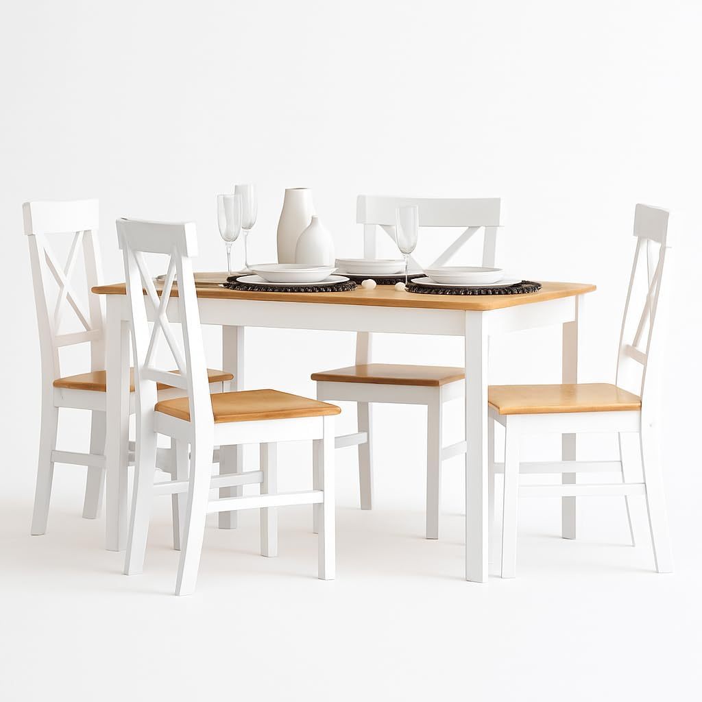 Mesa De Comedor Blanco con 4 Sillas, Madera De Pino, Resistente, Interiores Y Exteriores