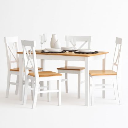 Mesa De Comedor Blanco con 4 Sillas, Madera De Pino, Resistente, Interiores Y Exteriores
