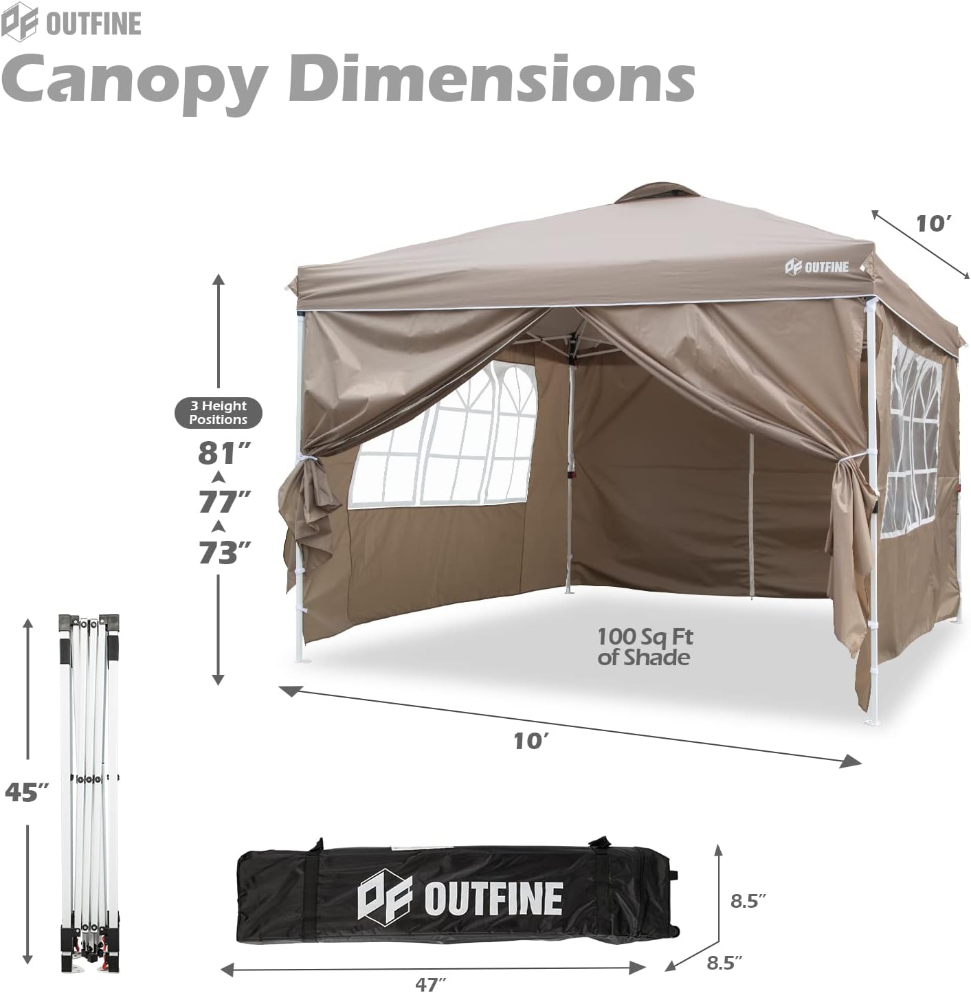 OUTFINE - Toldo desplegable de 10 x 10 pies, para cenador instantáneo, totalmente impermeable, toldos para fiestas al aire última intervensión con 4 paredes laterales extraíbles, estacas x 8, cuerdas x 4 (negro, 10 x 10 pies)