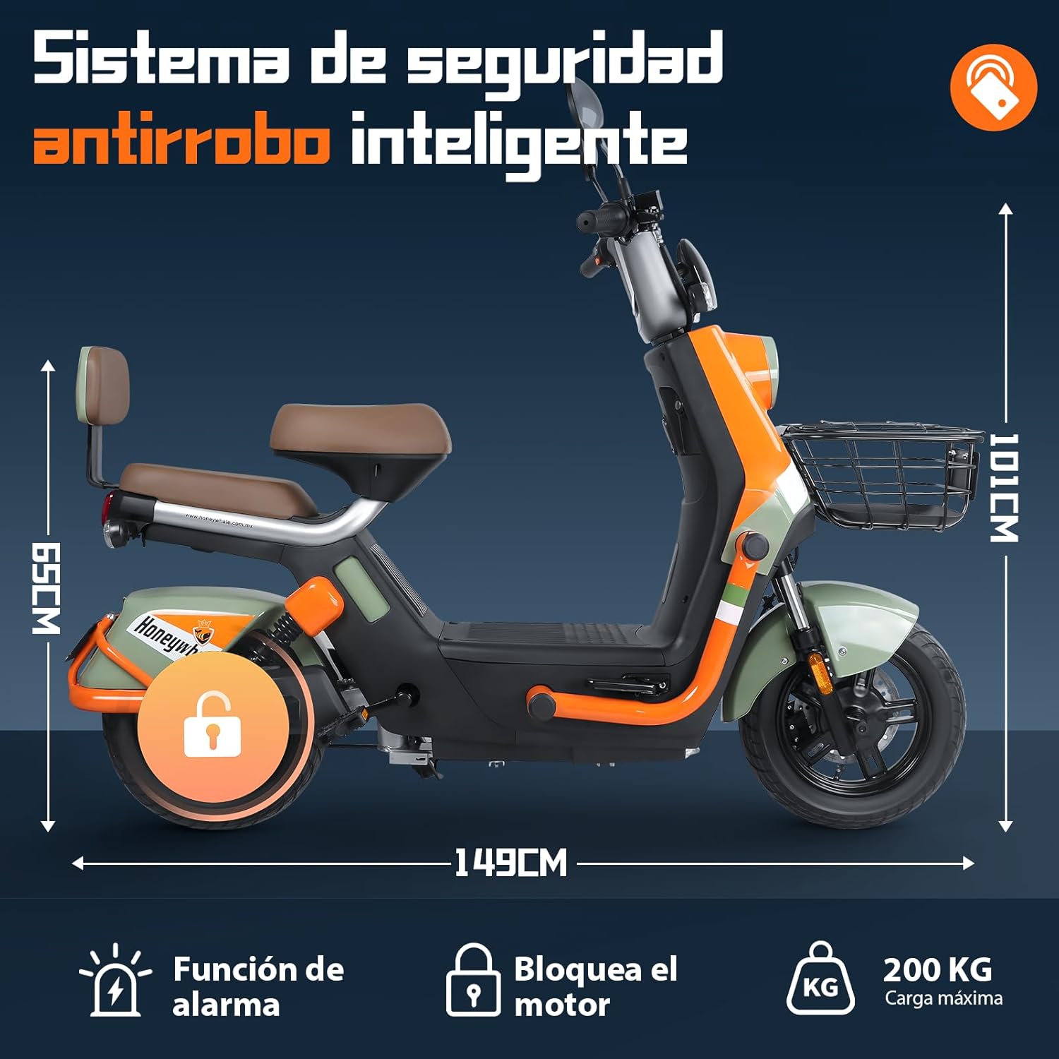 HONEYWHALE KC PRO Bicicleta Electrica para Adultos, Moto Electrica con Alarma, Potencia Motor Hasta 800W, Velocidad Máxima 45KM/H, Autonomía 60KM, Compatible con Desbloqueo NFC