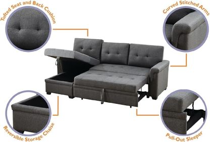 Lilola Home Lucca Sofá seccional Reversible, sillón de Almacenamiento, Cama extraíble, salón en Forma de L, Gris Acero, Lino