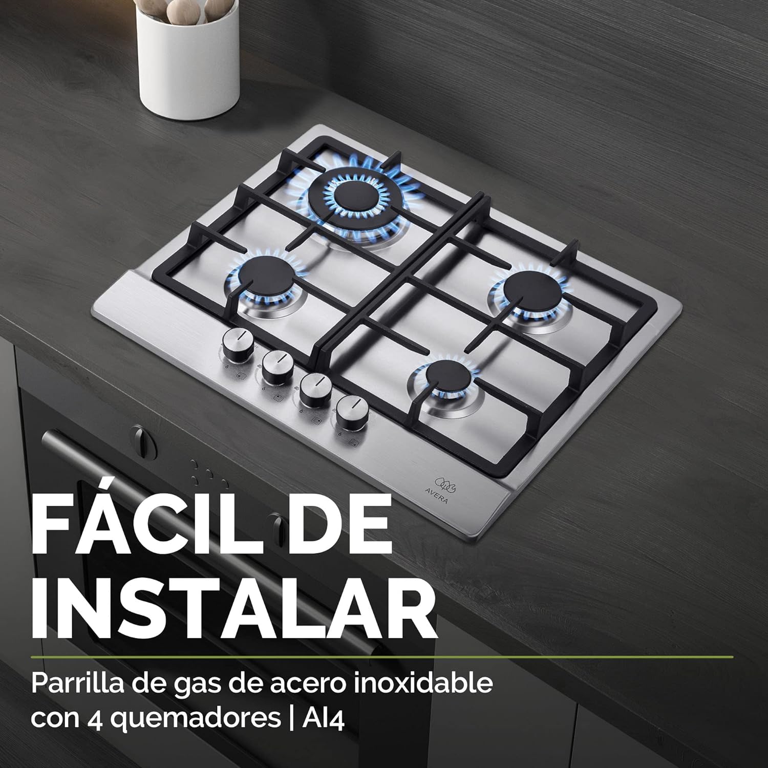 Parrilla de gas AVERA 4 fuegos, 60 cm de acero inoxidable (incluidos accesorios de montaje), encendido electrónico, pomos metálicos, placa integrada, apta para GLP y gas natural, AI4
