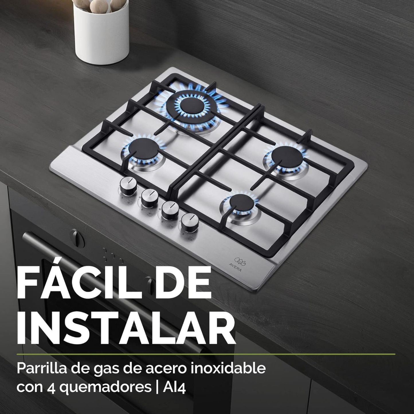 Parrilla de gas AVERA 4 fuegos, 60 cm de acero inoxidable (incluidos accesorios de montaje), encendido electrónico, pomos metálicos, placa integrada, apta para GLP y gas natural, AI4