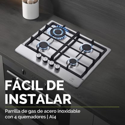 Parrilla de gas AVERA 4 fuegos, 60 cm de acero inoxidable (incluidos accesorios de montaje), encendido electrónico, pomos metálicos, placa integrada, apta para GLP y gas natural, AI4