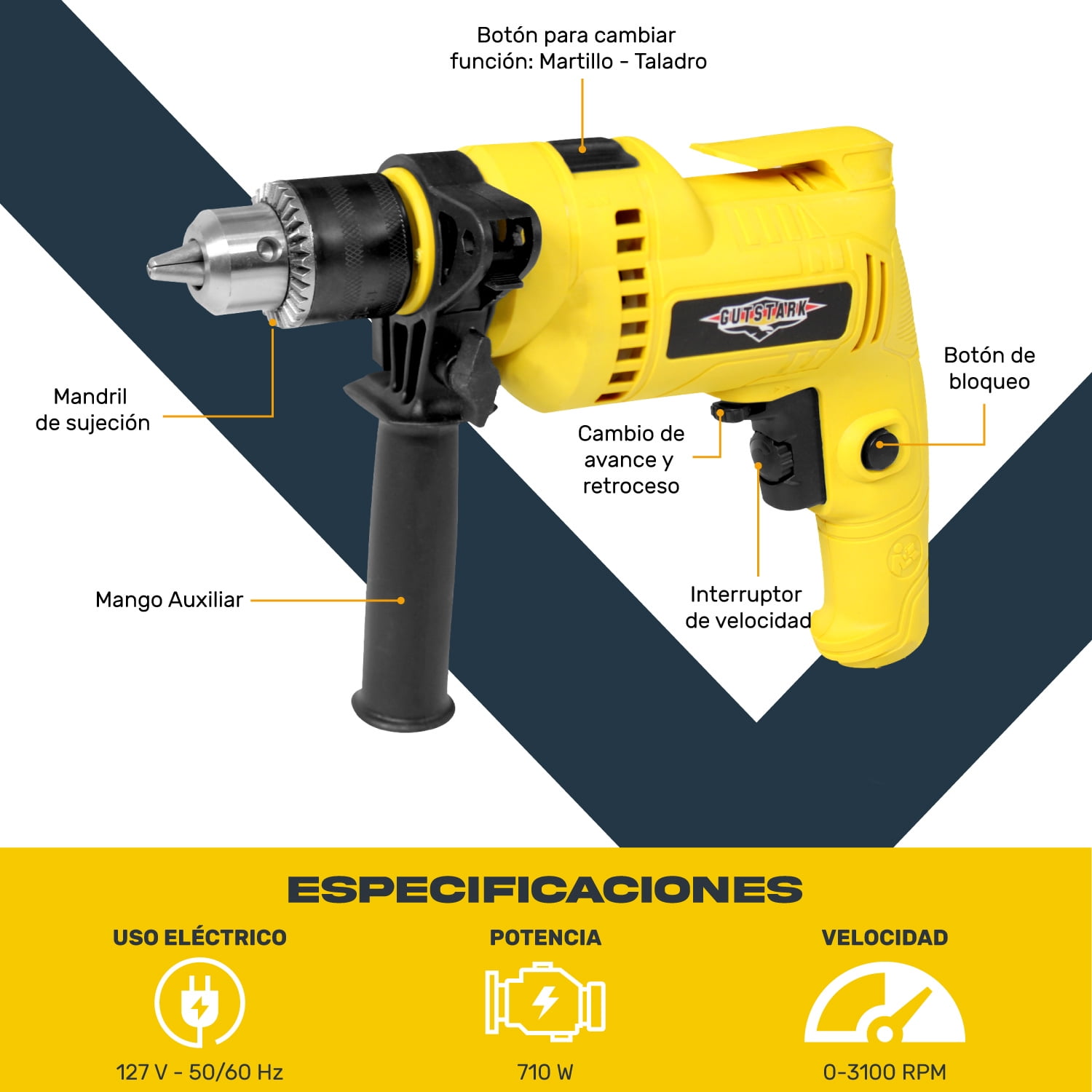 Taladro Rotomartillo Gutstark Home 1/2 710W 3000rpm Kit Herramientas 32pz