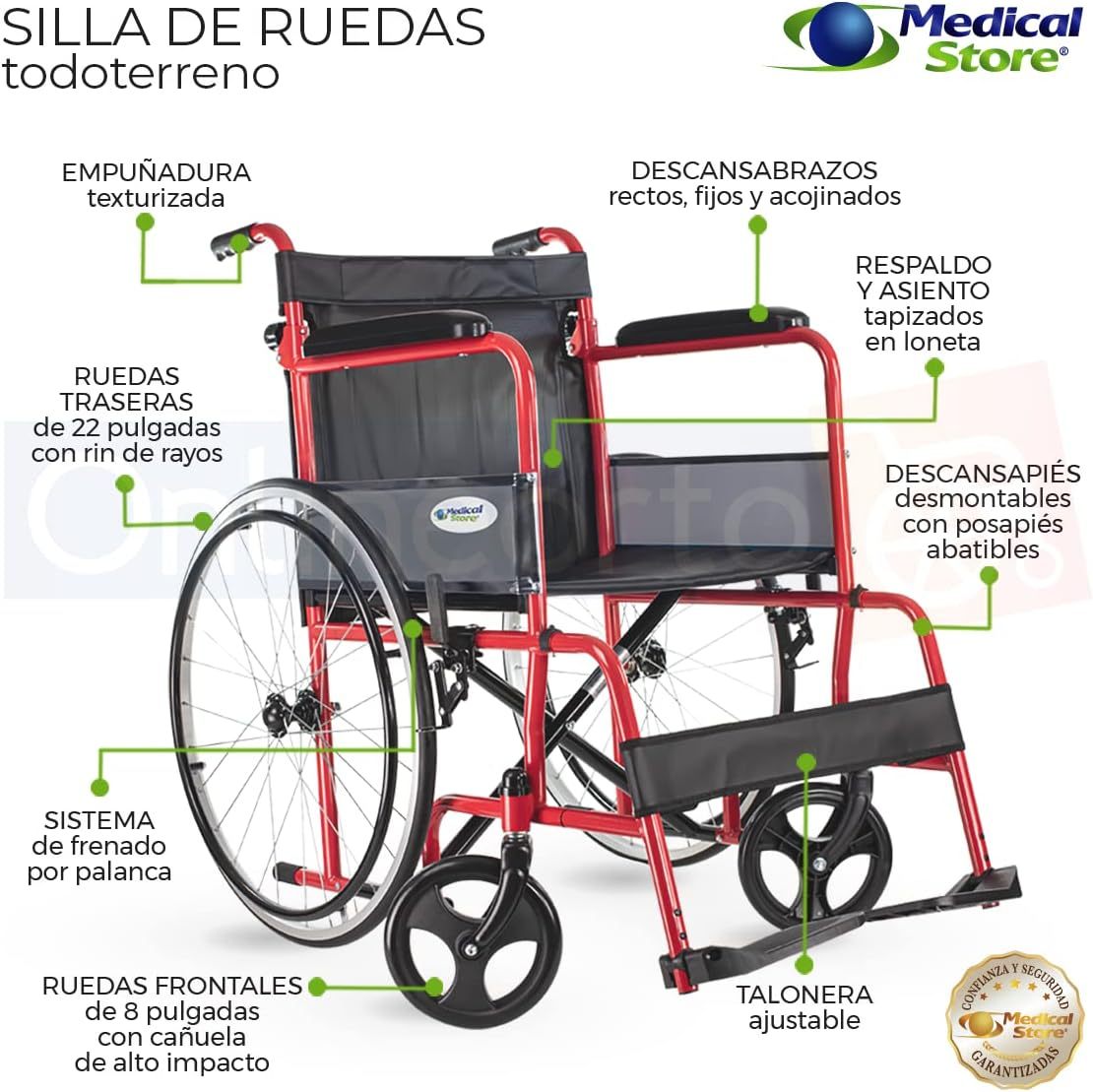 MEDICAL STORE Silla de Ruedas, Modelo 809F, Acero Resistente, Descansapies Desmontables, Descansabrazos Fijos Rectos, Asiento y Respaldo de Vinil Alta Resistencia. (ROJO)