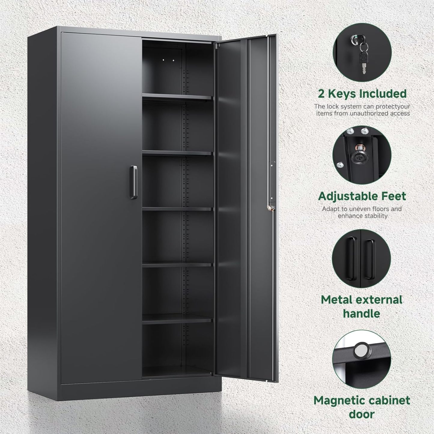 Letaya - Armarios de almacenamiento de metal con puerta de cerradura, armarios de acero, 5 estantes ajustables para el hogar, oficina, almacén (blanco)