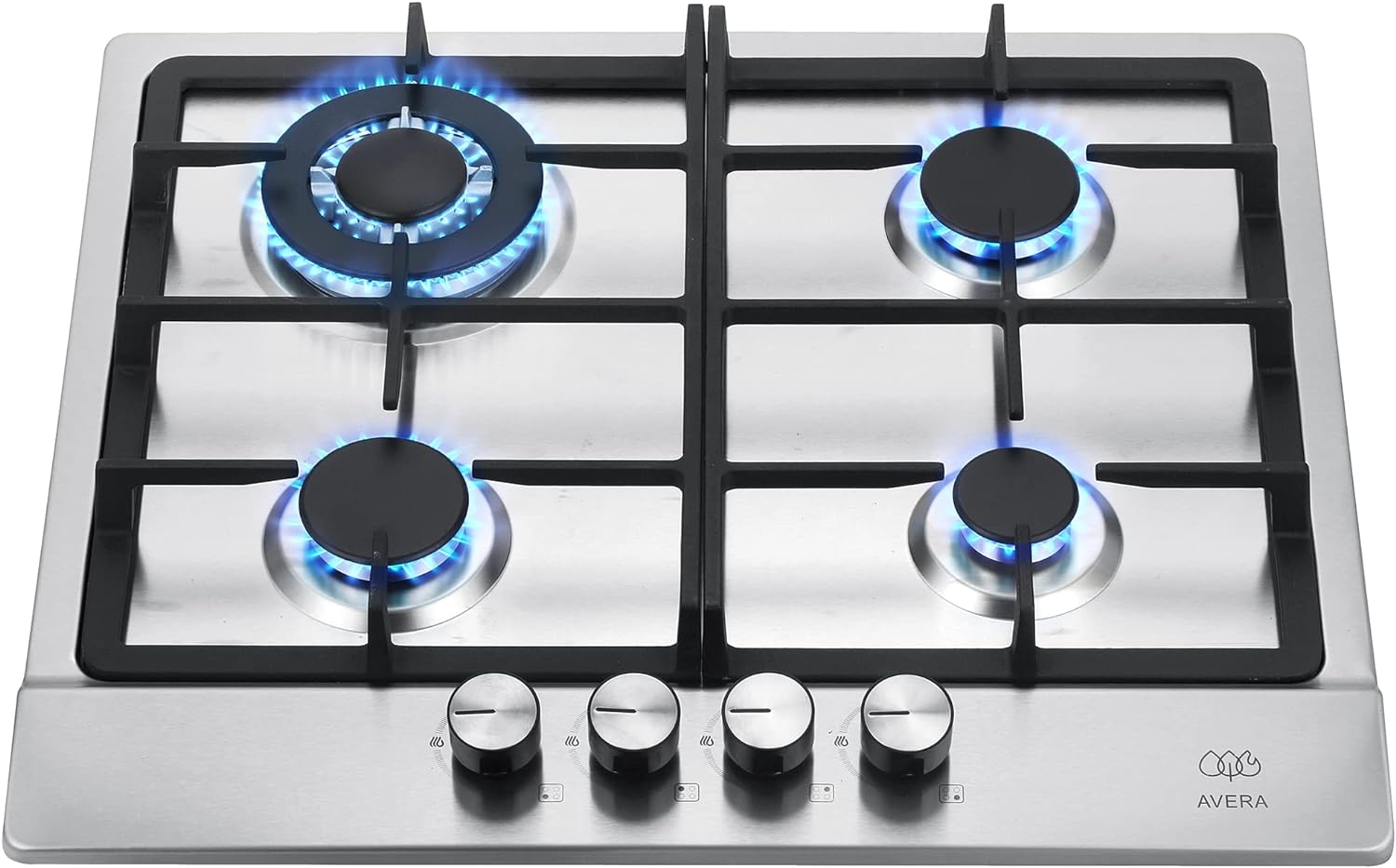 Parrilla de gas AVERA 4 fuegos, 60 cm de acero inoxidable (incluidos accesorios de montaje), encendido electrónico, pomos metálicos, placa integrada, apta para GLP y gas natural, AI4