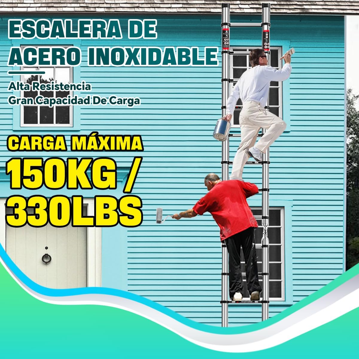 Escalera Telescópica 5 Metros Escalera de Tijera Aceros Inoxidables Plegable 2.5M+2.5M, Multiusos Retráctil Portátiles, Soporta 150 kg con Bloqueos de Seguridad