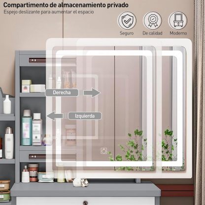 Bluelander Tocador De Niña, Tocador Vanity, Tocador para Niña, Vanity Tocador Hollywood, Tocador de Maquillaje con 4 Cajones, Estantes Ocultos, Incluye Taburete Acolchado, Espejo Led (Gris Claro)