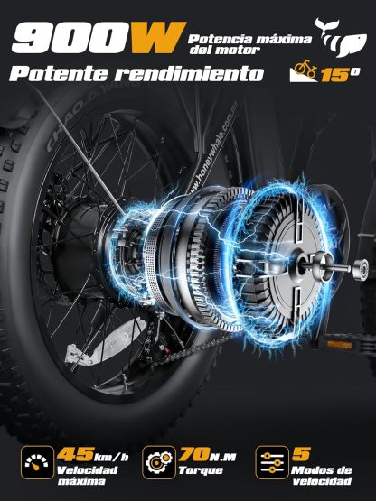 HONEYWHALE F6S Bicicleta Eléctrica Plegable para Adultos, Bicicleta de montaña de 7 Velocidades, Motor 900W-Max, Velocidad Máxima 45KM/H, Autonomía 50KM, Batería Extraíble (54.6V, 10.4AH)
