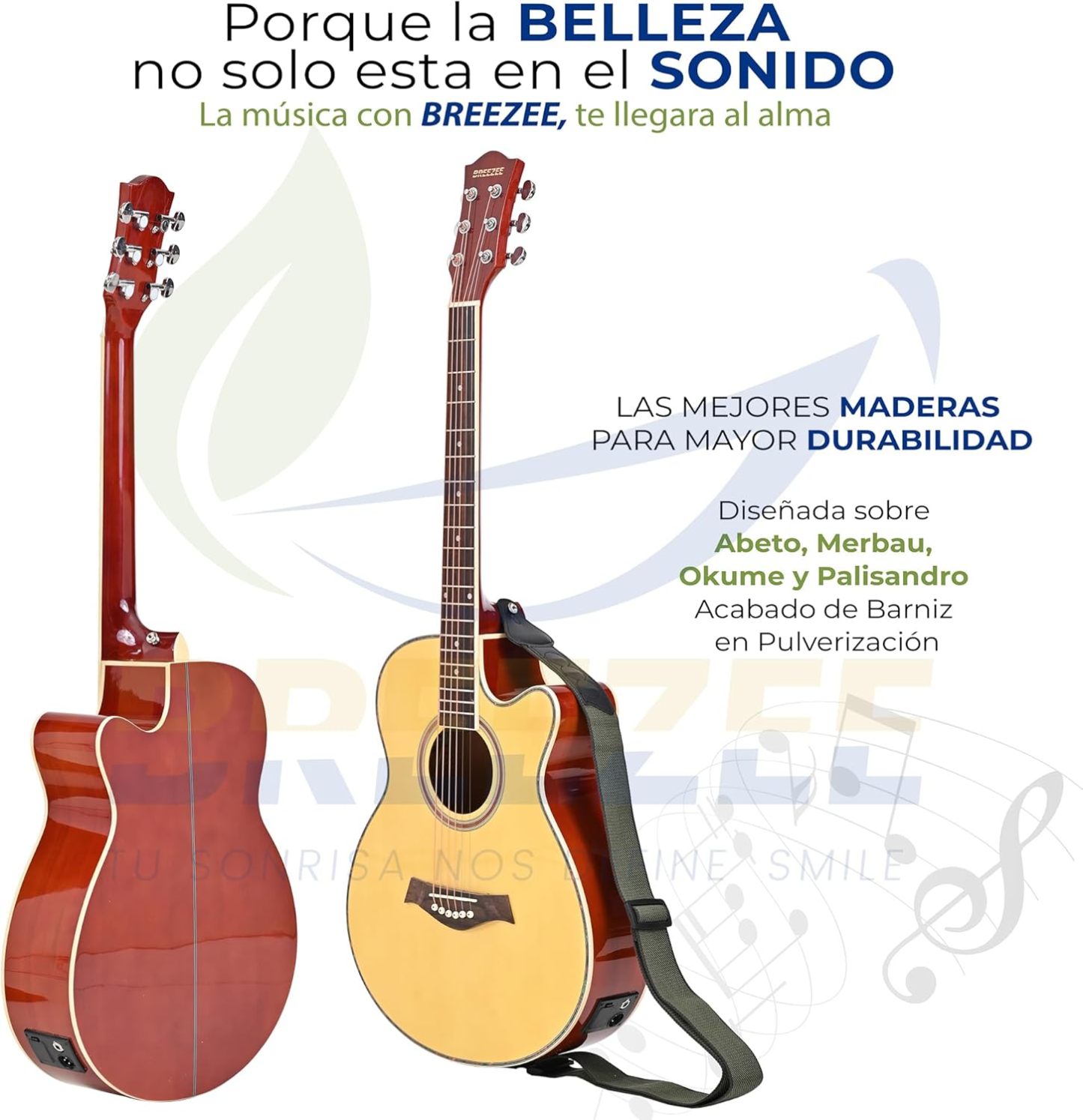BREEZEE Guitarra Electroacústica de 40” Diseñada sobre Abeto, Merbau, Okume y Palisandro. Acabado de Barniz en Pulverización, Incluye Set de Accesorios Completo para Principiante