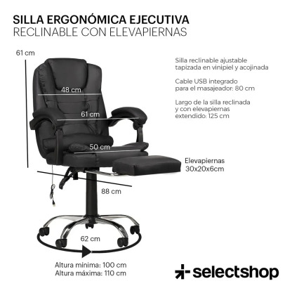 Silla Ejecutiva Con Masaje Secretarial Oficina Reposapiés Respaldo Reclinable Acojinada Giratoria Ergonómica Descansa Pies SelectShop Color Negro