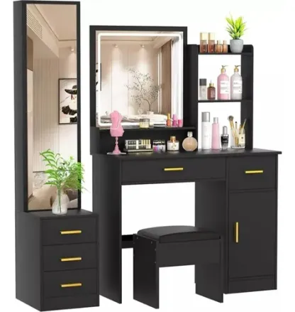 Tocador De Dormitorio Con Luces Led Y Dos Espejos Con Banco