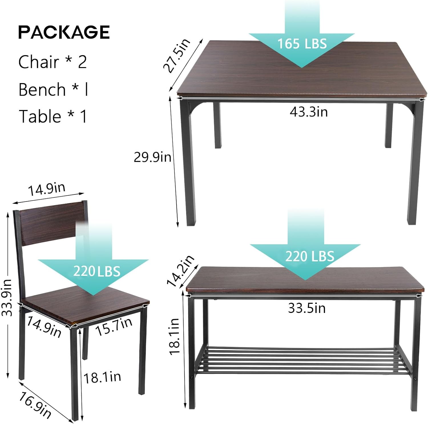 soges - Juego de mesa de comedor para 4 personas, juego de mesa de cocina de 43.5 pulgadas para sillas de 4,2 con respaldo, banco para 2 personas con estante de almacenamiento, juego de muebles para comedor y restaurante, roble rústico-trapo